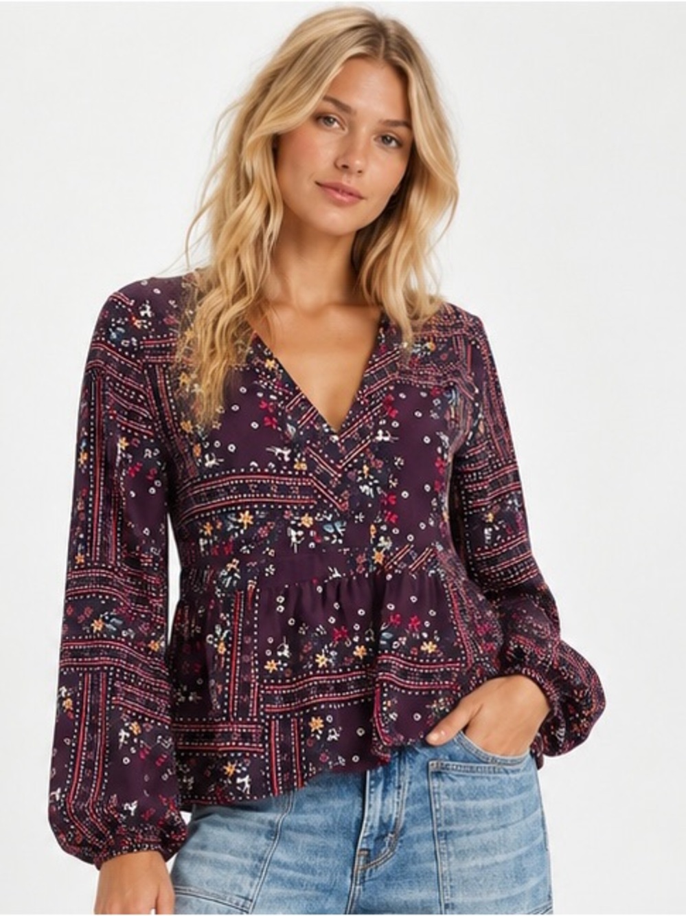 Chelsea & Violet Women’s M Boho Floral Peplum Blouse Bell Sleeve Plum